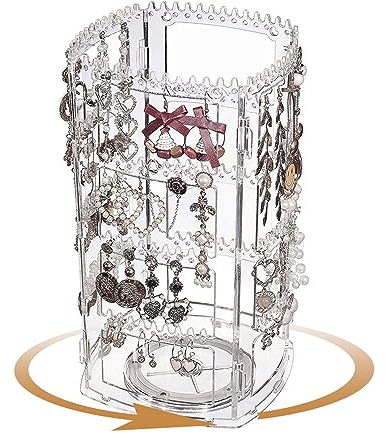 HARLIANGXY Portagioie per orecchini, girevole a 360°, collane e bracciali, trasparente decorativo per gioielli, supporto per orecchini, supporto per catena