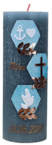 christ-kerzen Taufkerze Rustik MIKA Junge oder Mädchen mit Name und Datum, individuell und handverziert 1508, Variante:Glasteelichteinsatz