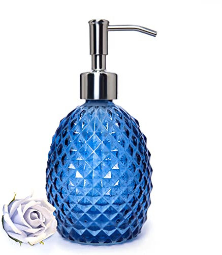 Seifenspender aus Glas mit Edelstahl-Pumpe, 340 ml, klare Spülseife/Handseife/Waschseife/Lotionspender, nachfüllbarer Flüssigkeitsspender für Badezimmer, Küche, Dusche (blau)