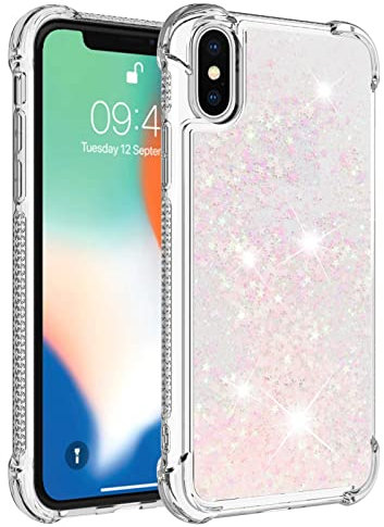 KBIKO-zxl Liquid Case for iPhone X/iPhone XS, Glitter Floating Quicksand Cover Transparent Silicone TPU Protective Bumper Compatible with iPhone X/iPhone XS.Silver Pink YBL