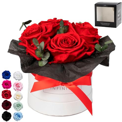 Infinity Flowerbox - Eucalyptus Bouquet Rot - Konservierte Rose in Geschenkbox, blüht 3 Jahre ohne Wasser