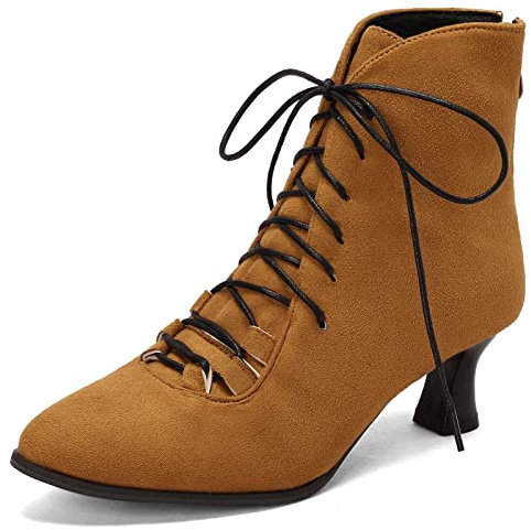 CUTEHEELS Women Vintage Lace-up Ankle Boots with Pointed Toe and Kitten Heels for Business/Dating