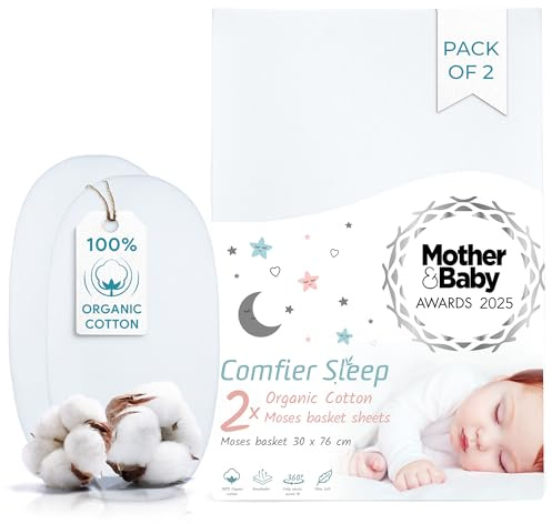 Moses Basket Sheet 30x76cm - 2 pcs White Organic Cotton Pram Sheets Fitted | Award Winning Super Soft And Breathable Baby Bedding, Certified 100% Organic Catton for Baby Bed Comfort