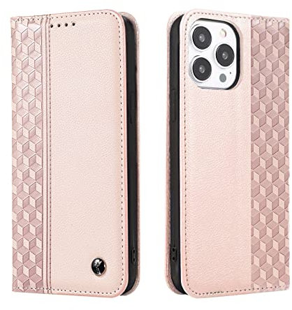 TOHULLE Case for iPhone 14 Pro, Premium PU Leather Wallet Case Card Holder Kickstand Built-in Magnetic Closure Plaid Pattern Flip Folio Phone Cover for iPhone 14 Pro - Rose Gold