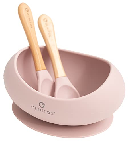 Olmitos - Vajilla de silicona 3 piezas para bebé con Plato, cuchara y tenedor - resistente libre de BPA – con ventosas de 6 a 36 meses - apto para microondas y lavavajillas