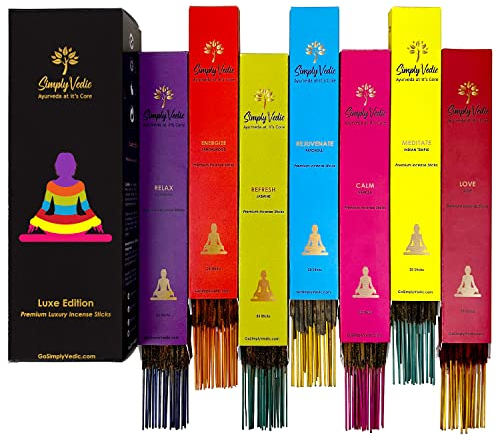 Simply Vedic Premium Luxe Series Räucherstäbchen | 7 Räucherstäbchen (140 Sticks) - Lavendel, Sandelholz, Jasmin, Patschuli, Rose, Vanille und indischer Tempel | mit Räucherstäbchenhalter