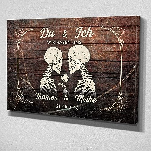 Deutsam Individuelle Leinwand Du & Ich Totenkopf mit eigenen Namen Geschenk für Verliebte Valentinstag Strand Tattoo Geschenkidee Wohndeko Leinwandbild Liebespaar