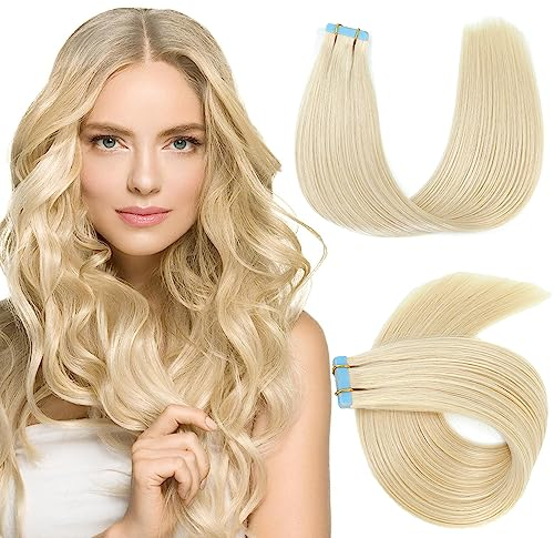 Evala tape extensions echthaar haarverlängerung echthaar 40cm #60 Platinblond tape in extensions echthaar 20 Stück, bonding extensions echthaar 40g tape in extensions echthaar