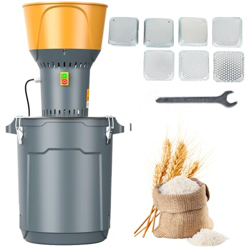 DETODDA Elektrische Getreidemühlen, getreidemühle elektrisch für Getreide Mais Getreide Weizen Futtermittel Mühle Mehlmühle mit 7 Größen Grinder Siebe + 1 Schraubenschlüssel (Gelb, 25L)