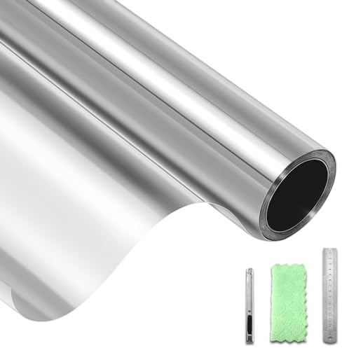 DIFIT Film Fenêtre Anti-Regard Film Miroir pour Fenêtre sans Tain Film Occultant Fenêtre Anti UV Protection Solaire Anti Chaleur Film Électrostatique Vitre Maisons, Bureaux(Argent-Argent,90x200cm)