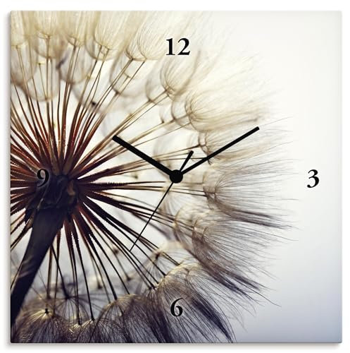 ARTLAND Wanddeko Wanduhr ohne Tickgeräusche Leinwand-Uhr als Quarzuhr Design lautlos analoge Quarzuhr 30x30 cm Blumen Pusteblume Botanik Blüten Modern Kunst Sommer Natur T4RE