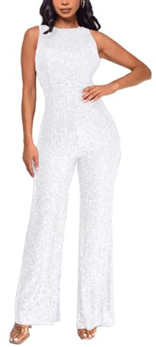 shownicer Damen Pailletten Jumpsuit Elegant Ärmellos Hohe Taille Cocktail Party Festlich Overalls Hosenanzug Playsuit Lang Romper A Silber XXL