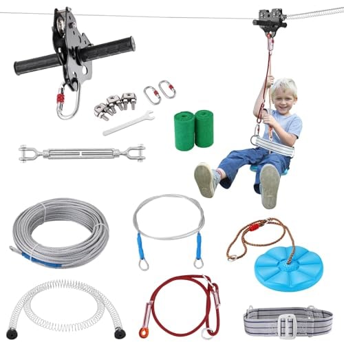 VEVOR Zipline Seilrutsche, 30,48 m Seilbahn Kinder, Zip Line Kit für Kinder und Erwachsene bis 226,8 kg, Backyard Zip Line Kit mit Verbessertem Federbremssystem, Seilbahn für Garten, Außenbereich usw.
