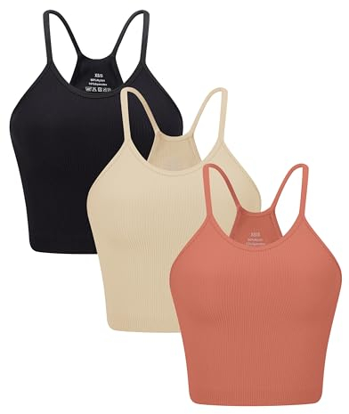 ANGOOL Sport Tank Top Damen Racerback Rippenstrick Ungepolstert Spaghetti Crop Top Seamless Elastische Ärmelloses Rundhalsausschnitt Fitness Yoga Alltagskleidung, Schwarz+Koralle+Beige, XL-2XL