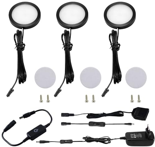 AIBOO Unterbauleuchte Küche LED Schwarz Dimmbar Schrankbeleuchtung 3 Stück Warmweiß mit Schalter und Stecker 230V,Vitrinenbeleuchtung LED Unterschrank Beleuchtung Küche Unterschrankleuchte für Schrank