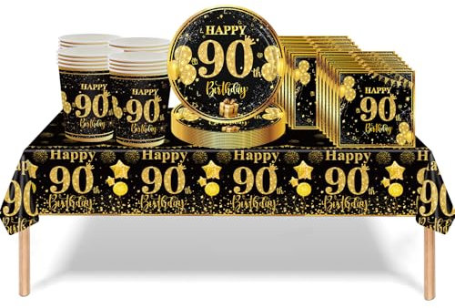 53Pcs Black Gold 90th Birthday Party Tableware Decorations, Table Cloth Plates Napkins Cups Sets for Women Him Men Birthday Table Decor Gifts Dinnerware