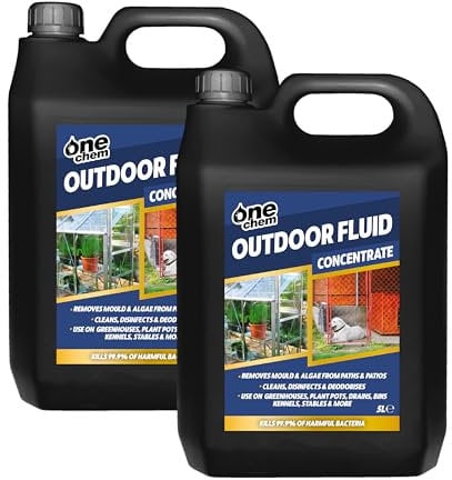 One Chem Outdoor Fluid 2 x 5 Litres, Kills 99.9% Bacteria, Disinfects Greenhouses, Plantpots, Drains, Bins, Kennels, Stables