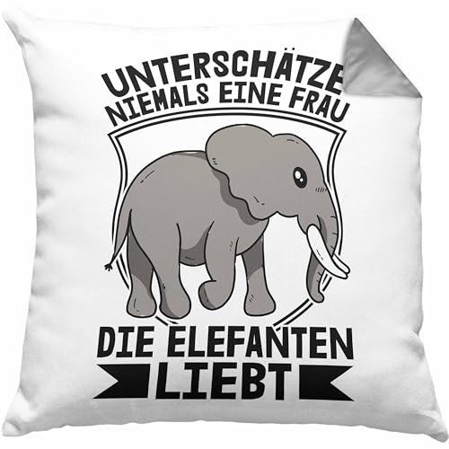 Trendation Elefant Kissen mit Füllung 40x40 Geschenk Für Elefanten-Liebhaber Geschenkidee Unterschätze Niemals Eine Frau Die Elefanten Liebt (Grau)