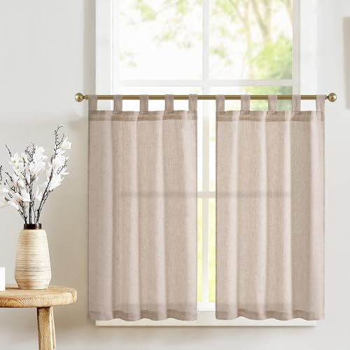 TOPICK 2er Set H 90 x B 65 (cm) Scheibengardinen Küche Braun Leinen Bistrogardine mit Schlaufen Küchengardinen für Balkontür Wohnwagen Landhausstil Bauernhaus Gardinen Kurz Halbtransparente