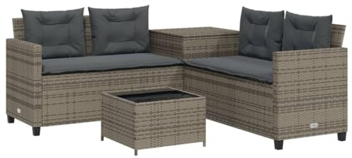 vidaXL Gartensofa in L-Form mit Tisch und Kissen Grau Poly Rattan