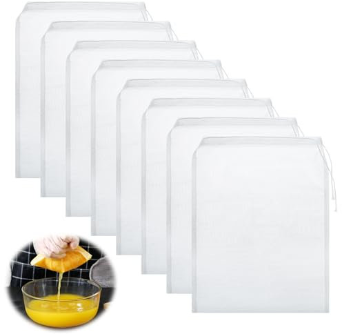 8 Stück Nylon Nussmilchbeutels, Käsetuch Beutel mit Kordelzug, Wiederverwendbar Feinmaschiges Passiertuch, Feinmaschiges Filter Passiertuch, Nussbeutel Filtertuch für Saft Wein Sojamilch