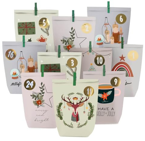 Adventskalender zum Befüllen, 24 Weihnachtskalender Papiertüten, Advents tüten mit Zahlenaufkleber und Klammern,Scandinavian style - zum Basteln und Verschenken
