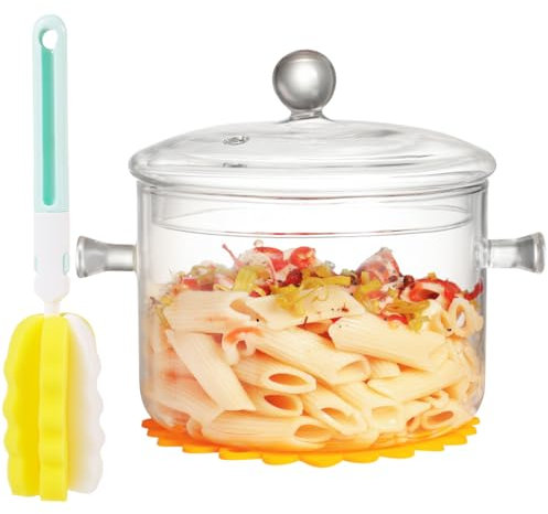 Clear Glass Cooking Pot With Lid And Brush And Silicone Hot Pads On Stove - 1.5L(51oz) Borosilicate Glass Simmer Pot And Pan With Cover - Glass Cookware Stovetop Pot Set For Pasta, Noodle, Soup, Milk
