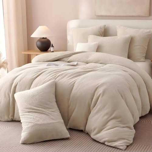 Tospass Plüsch Bettwäsche 200x220cm Beige Teddy Fleece Cashmere Touch Bettwaren-Sets Flanell Warme Winter Bettbezug Flauschig Sherpa Deckenbezug mit Reißverschluss und 2 Kissenbezug 80x80cm