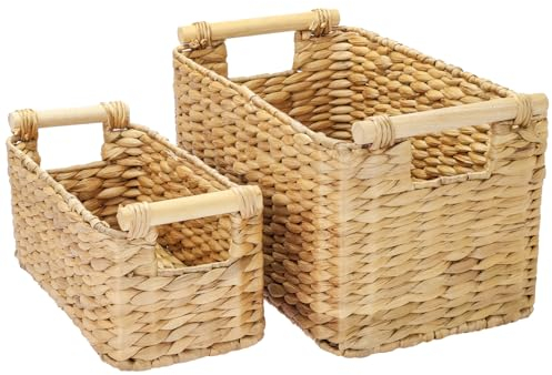 HMF panier de rangement salle de bain, panier tressé en jacinthe d'eau avec poignées en bois | set de 2 pièces