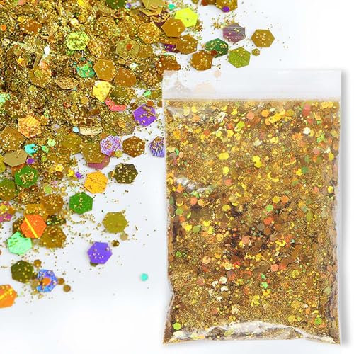 SHUOHONG 100g Glitzer Basteln Kinder, 3 Größen Gemischt Glitter, Groß Glitzer zum Basteln, Feiner Glitzer Wandfarbe, Pailletten Glitzerpulver für Make-up, Karten, Nagelkunst, DIY (Lasergold)