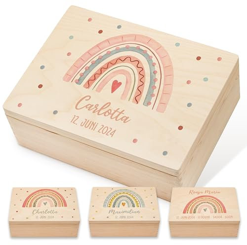 Lilletå ® Erinnerungsbox Regenbogen (001.07) - Erinnerungskiste Baby mit Hochwertigem Farbdruck - Baby Kind Erinnerungsbox Holz - Geschenk Geburt Mädchen Junge