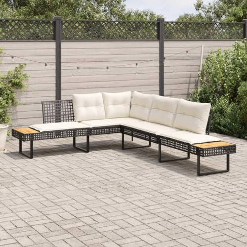 Somanki Gartensofa in L-Form mit Kissen Schwarz Poly Rattan und Akazie, Balkonmöbel, Gartenlounge, Gartenmöbel, Balkon Sofa, Terrassen Sofa, Terrassenmöbel - 365634