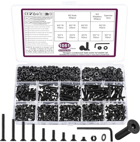 1051 Pz M3 Set di Viti, Bulloni e Dadi Set, Viti Bulloni a Testa Piatta Esagonale con Esagono Incassato, Vite a Testa Svasata e Dadi e Rondelle, Nero