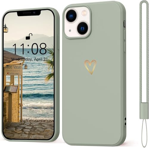 Mitetabo für iPhone 15 Hülle Silikon mit Gold Liebesherz, Mädchen Handyhülle iPhone 15 Case Weich Slim Stoßfest Kratzfeste Süßes Gold Love Schutzhülle für iPhone 15 6.1 Kupfer grün