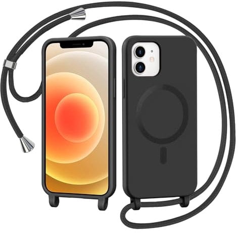 AOMYKE Handyband für iPhone 12 / iPhone 12 Pro Hülle mit Band, Magnetisch Handyhülle kompatibel mit Magsafe zum Umhängen Schutzhülle mit Kette Kordel Weich TPU Liquid Silikon Case，Schwarz
