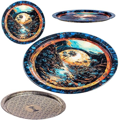 KADAX Serviertablett aus Metall, 32.5 cm Durchmesser, Rundes Deko Tablett mit erhöhtem Rand und dekoratives Design, Dekoteller Rund, Metalltablett (Palmen)