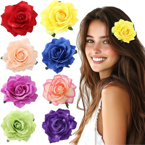 Hawaii Barrette Fleur Pince Cheveux Femme, été Roses Barettes Cheveux Fille, Pince Crocodile Cheveux, Accessoires de Coiffure Pour la Plage La FêTe le Mariage 8 Pièces