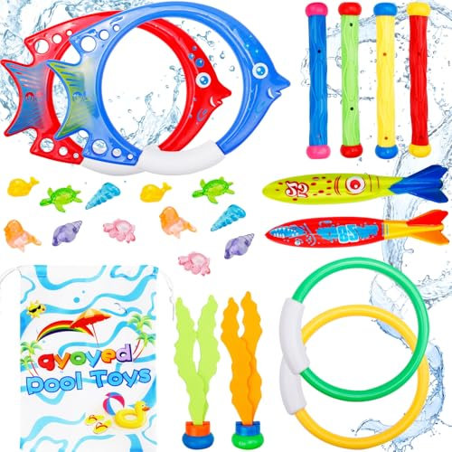 gyoyede 25PCS Diving Pool Toys, Swimming Pool Toy Sinkers Set with Diving Sticks,Diving Fishing Rings,Diving Torpedos,Diving Seaweeds,Marine Gem,Storage Bag,Underwater Training Diving Toys for Kids
