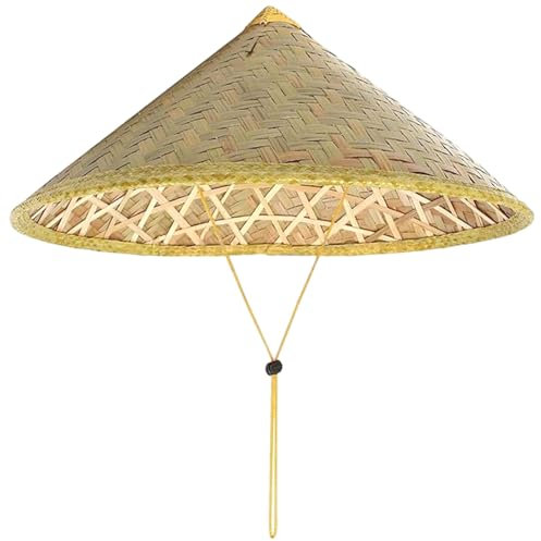 1pc chinois chinois 14 pouces chapeau de riz oriental bambou conique avec corde réglable paille touristique capuchon de pluie, accessoire costume riz conique tissé, jaune clair