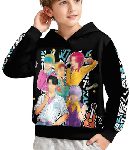 Hoodie Kids Boys Kpop Costume- Fasion Pullover Anime Hoodie Kids Costume Hip Hop Streetwear Causal School Warm Oversized Long Sleeve Cartoon Print Hooded Sweatshirt Outwear Movie Merch Unisex 130
