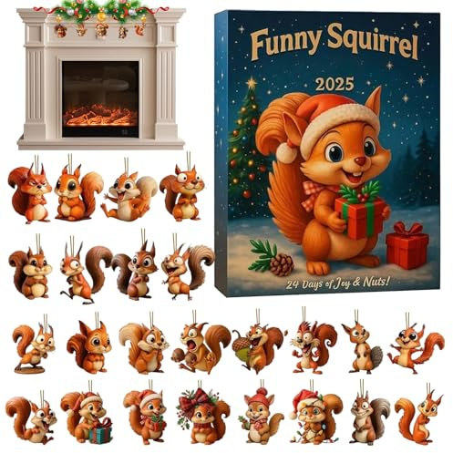 usefulbeauty Countdown-Kalender, Eichhörnchen-Anhänger, 24 Tage aus Acryl, flach, Eichhörnchen-Dekoration, Adventskalender, für Tierliebhaber, Baum, Fenster, Wand, Tür, Kamin
