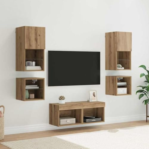 GeenYuu TV-Wandgeräte 8-teilig, Artisan-Eiche Holzwerkstoff, modern, mit LED-Beleuchtung, wandmontierbar, für Wohnzimmer, Heimkino, vielseitiger Stauraum