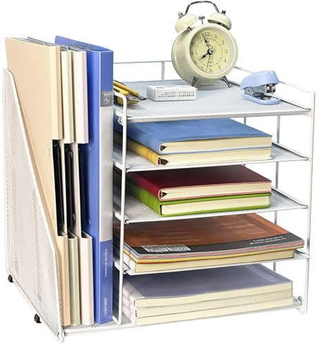 TempFoo Schreibtisch Organizer Mit Büro Aktenhalter Zubehör, 5 Schichten Dokumentenablage Ablagefächer Stapelbar, Mesh Briefablage Schreibtischorganizer Papierablage Desk Shelf (Weiß)