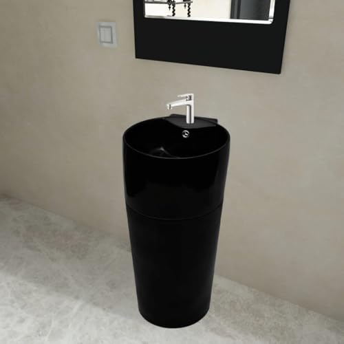 Lavabo de sol en céramique avec trop-plein, lavabo et robinet trou pour salle de bain et buanderie, noir, finition brillante au design moderne, lavabo à colonne en céramique