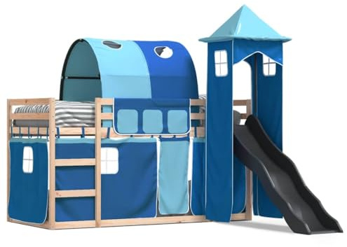 HFXHIJXQ Hochbett mit Rutsche 80x200 cm Kiefer Massivholz unbehandelt inklusive Blauer Gardinen Etage Bett Kinder Gästebett Spielbett platzsparend für Zimmer ab 6 Jahren