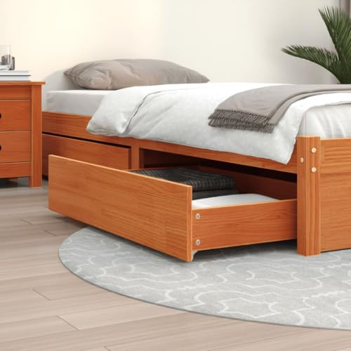 Molumvel 4er Set Bettschubladen 90x57x18 cm aus Kiefer Massivholz Wachsbraun Bettschubkasten Unterbettkommode mit Rollen Stauraum für Bett