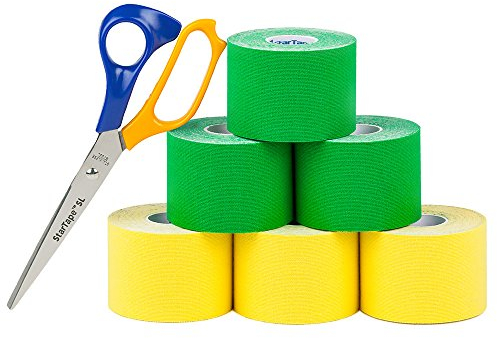 SL StarTape - Kinesiologietape, elastisches Sporttape aus Baumwolle, selbstklebendes Physiotape, wasserabweisend, hautfreundliches Taping, 5 x 550 cm, grün/gelb, 6er Set + Schere