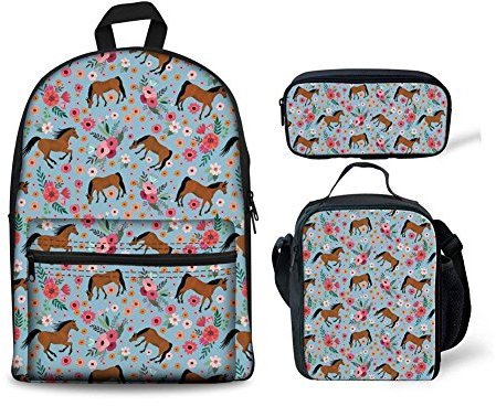 HUGS IDEA Rucksack mit floralem Pferde-Motiv, Cartoon-Schultasche mit Lunchbox, Federmäppchen für Kinder