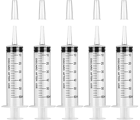 Hyber&Cara Syringes 60ml (50ml), 5 Pcs Plastic Syringe with Catheter Tip for Scientific Labs, Liquid Measuring & Dispensing, Animal Feeding, Plant Watering