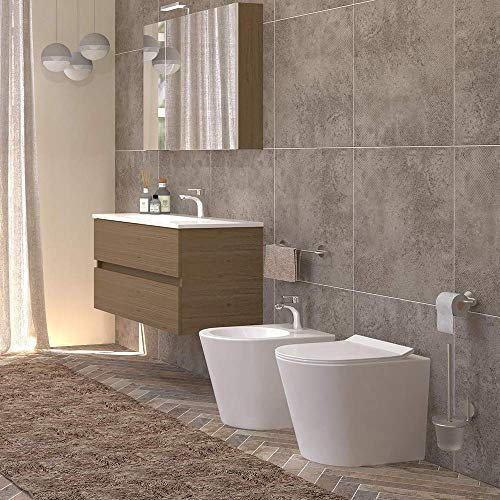 coppia di sanitari da terra in ceramica bianca, filo muro, seduta ammortizzata soft close, senza brida, serie Ortensia